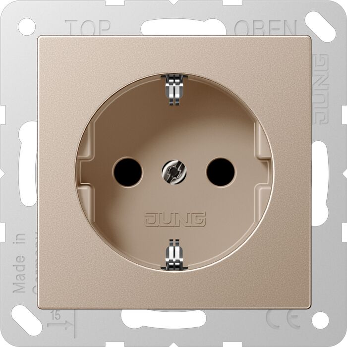 Розетка Jung A 500, скрытый монтаж, с заземлением, со шторками, шампань, A520KICH