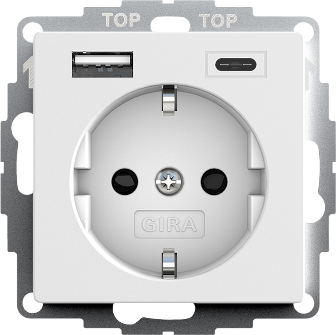 Gira S-55 Бел матовый Розетка с з/к, шт, с USB двойн.A /C