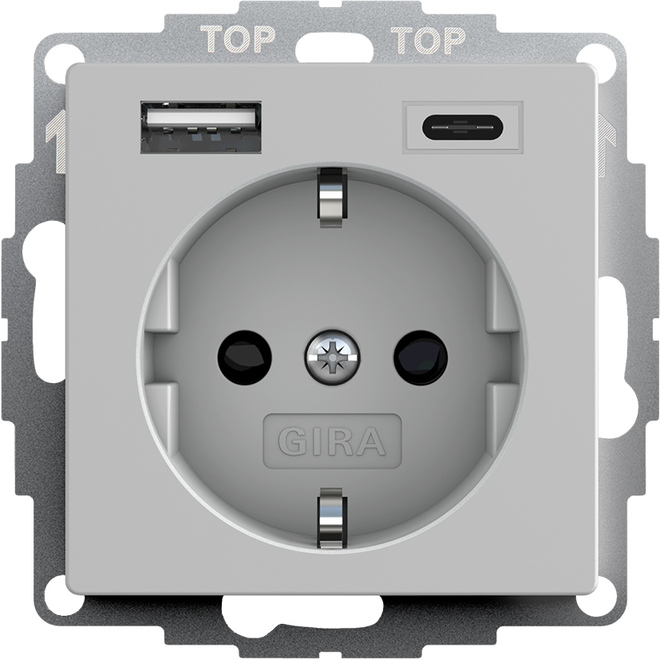 Gira S-55 Сер матовый Розетка с з/к, шт,с USB двойн.A /C