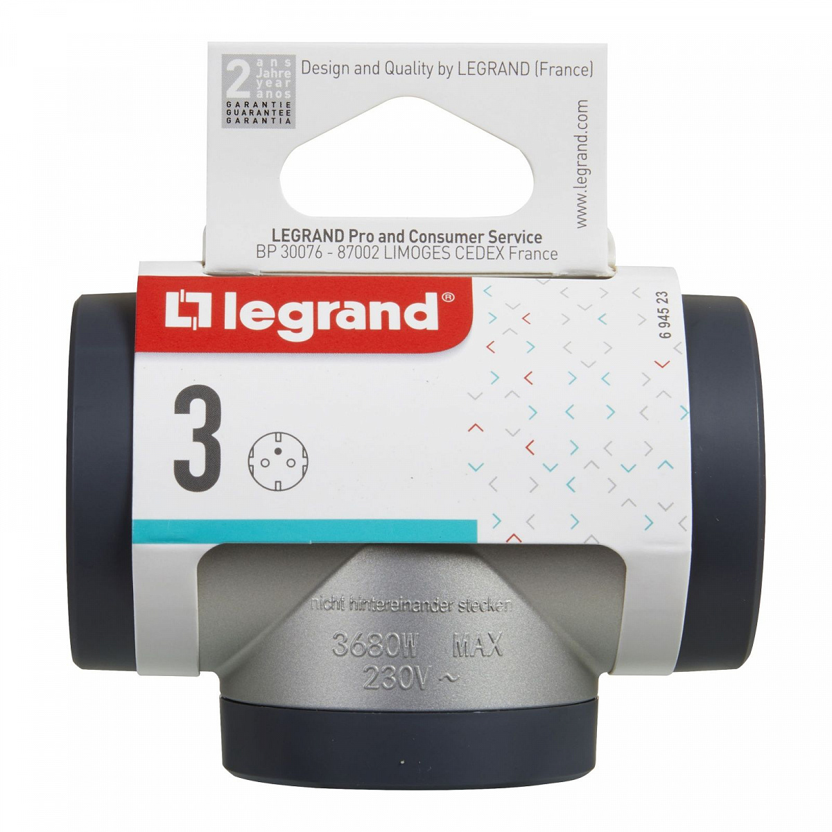 Тройник с заземлением Legrand 3 розетки с поворотным основанием, цвет: алюминиево-черный