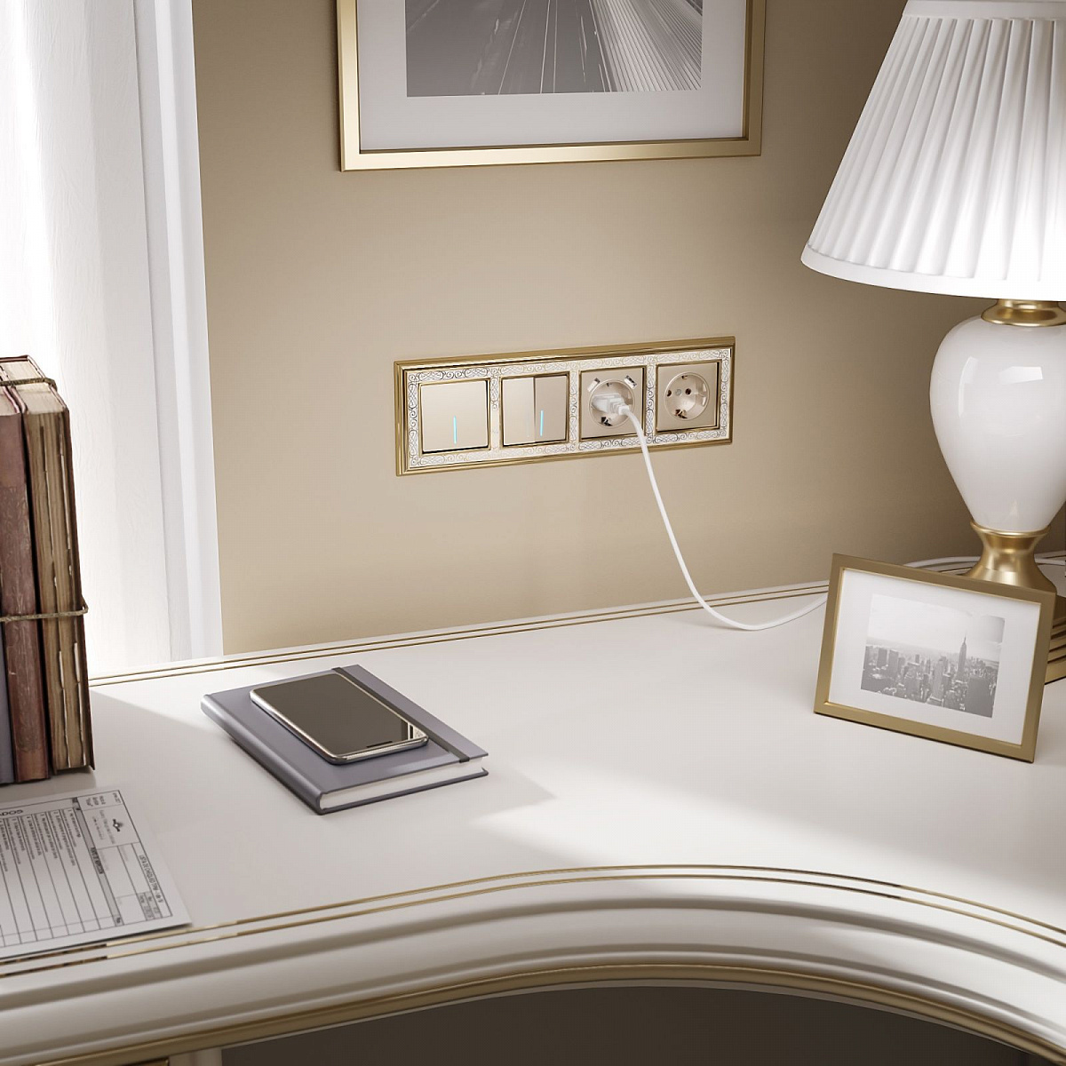 Выключатель одноклавишный с подсветкой шампань W1110111