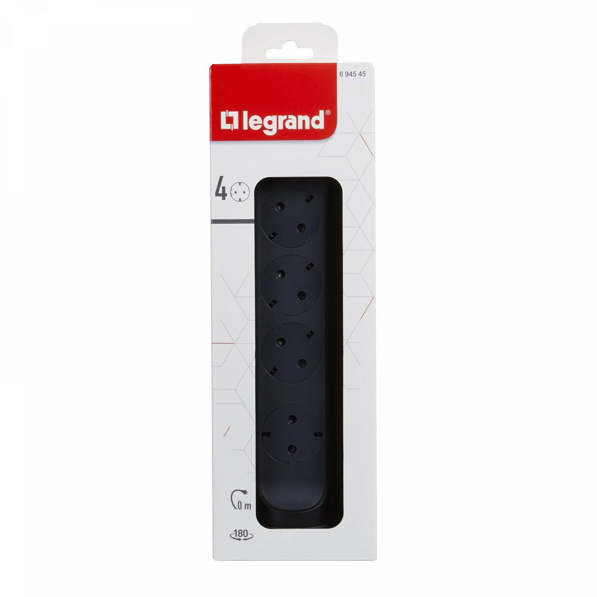 Удлинитель с заземлением  Legrand 4 розетки без кабеля, с кнопкой включения и поворотным основанием, цвет: черный